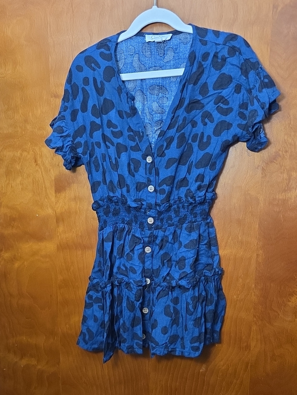 Jessica Simpson Blue Leopard-Print Button Mini Dress